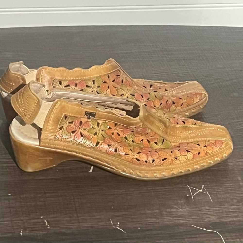 PIKOLINOS Romana Leather Tan Multi Floral Cutout Slingback Mules Size 36